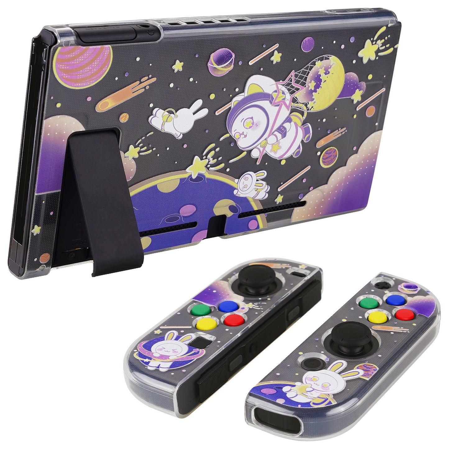 PlayVital Protective Case for Nintendo Switch, Soft TPU Slim Case Cover for Nintendo Switch Joycon Console with Purple ABXY Direction Button Caps - Space Cat - NTU6031 PlayVital