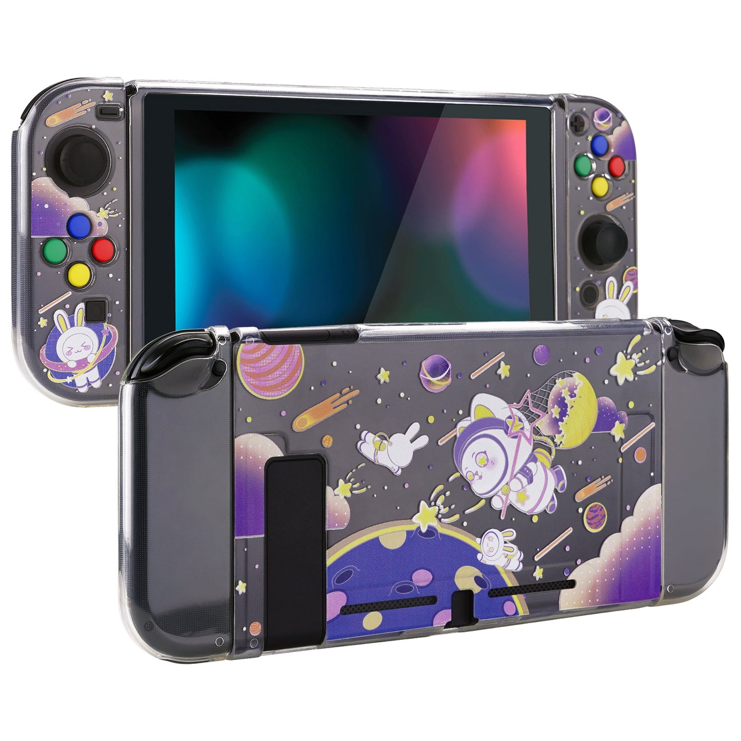 PlayVital Protective Case for Nintendo Switch, Soft TPU Slim Case Cover for Nintendo Switch Joycon Console with Purple ABXY Direction Button Caps - Space Cat - NTU6031 PlayVital