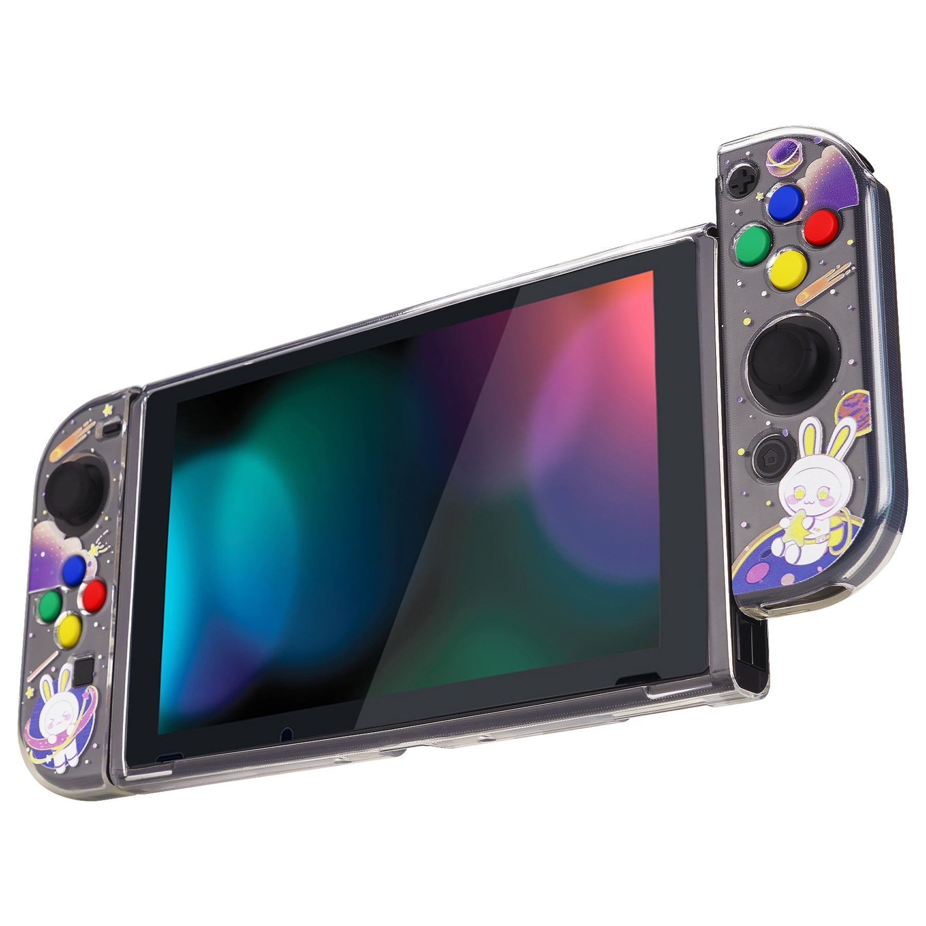 PlayVital Protective Case for Nintendo Switch, Soft TPU Slim Case Cover for Nintendo Switch Joycon Console with Purple ABXY Direction Button Caps - Space Cat - NTU6031 PlayVital