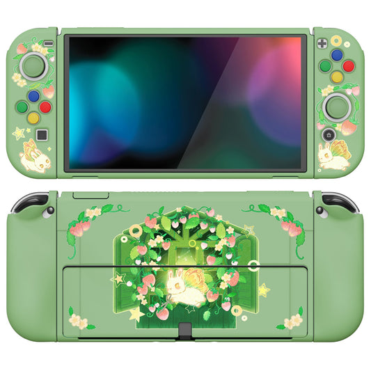 PlayVital ZealProtect Soft Protective Case for Switch OLED, Flexible Protector Joycon Grip Cover for Switch OLED with Thumb Grip Caps & ABXY Direction Button Caps - Strawberry Bunny - XSOYV6036 playvital