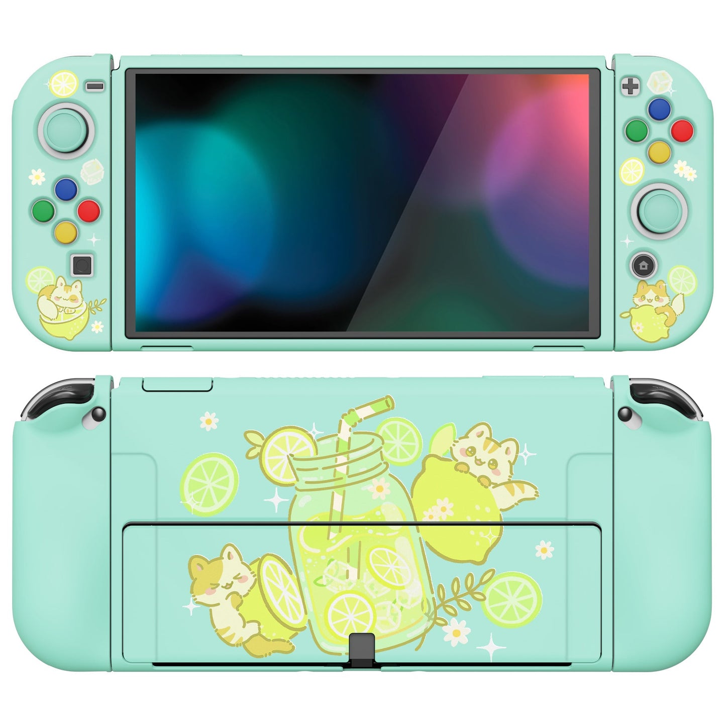 PlayVital ZealProtect Soft Protective Case for Switch OLED, Flexible Protector Joycon Grip Cover for Switch OLED with Thumb Grip Caps & ABXY Direction Button Caps - Lemonade Kitty - XSOYV6037 playvital