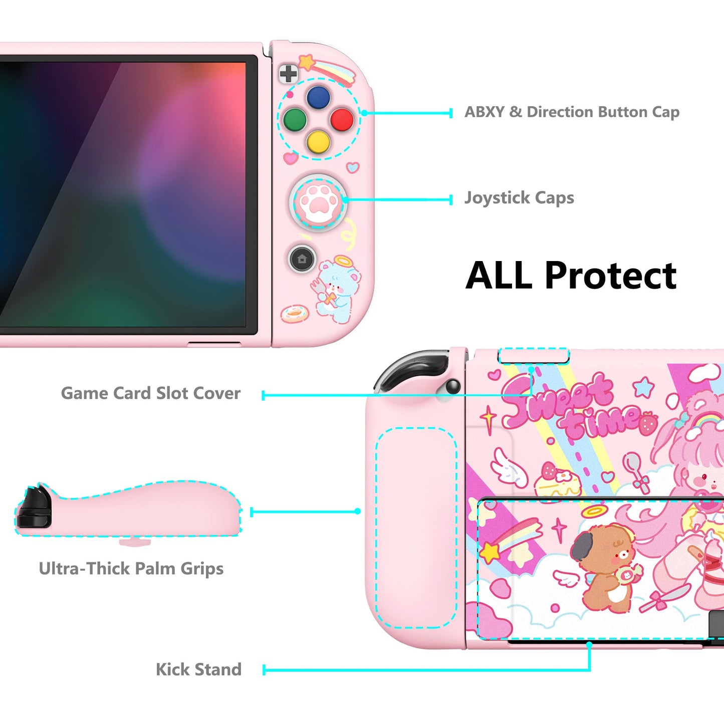 PlayVital ZealProtect Soft Protective Case for Switch OLED, Flexible Protector Joycon Grip Cover for Switch OLED with Thumb Grip Caps & ABXY Direction Button Caps - Sweet Time - XSOYV6027 playvital