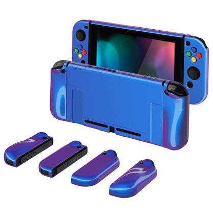 PlayVital AlterGrips Glossy Dockable Protective Case Ergonomic Grip Cover for Nintendo Switch, Interchangeable Joycon Cover w/Screen Protector & Thumb Grip Caps & Button Caps - Chameleon Purple Blue - TNSYP3001 playvital