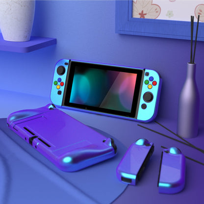 PlayVital AlterGrips Glossy Dockable Protective Case Ergonomic Grip Cover for Nintendo Switch, Interchangeable Joycon Cover w/Screen Protector & Thumb Grip Caps & Button Caps - Chameleon Purple Blue - TNSYP3001 playvital