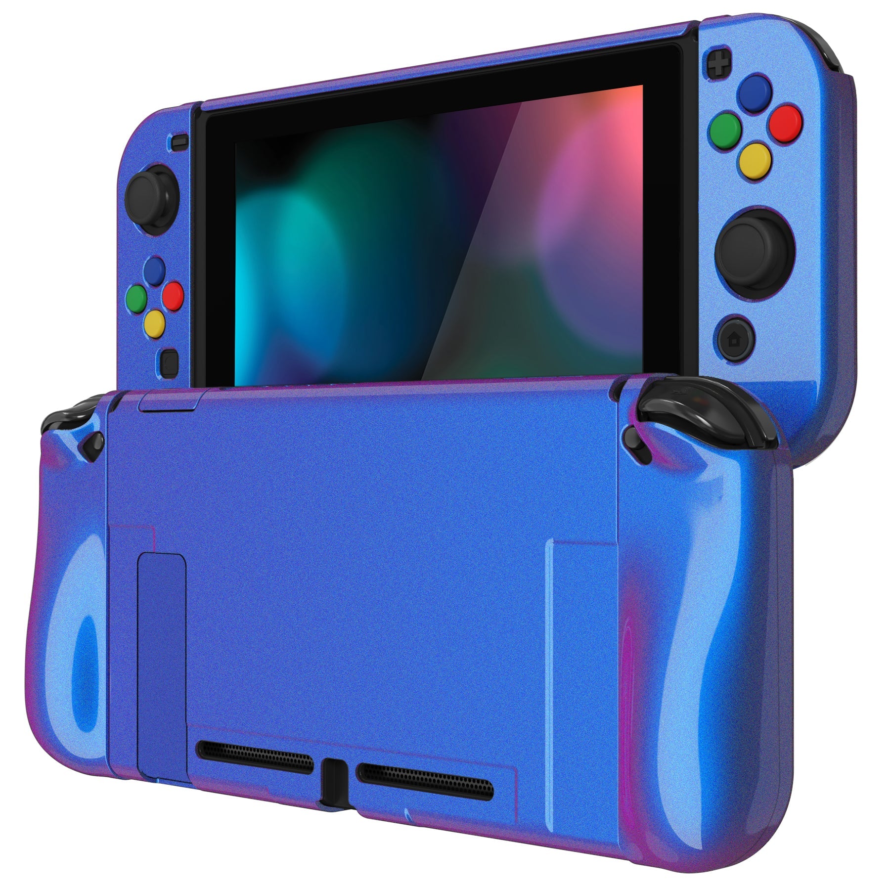 PlayVital AlterGrips Glossy Dockable Protective Case Ergonomic Grip Cover for Nintendo Switch, Interchangeable Joycon Cover w/Screen Protector & Thumb Grip Caps & Button Caps - Chameleon Purple Blue - TNSYP3001 playvital