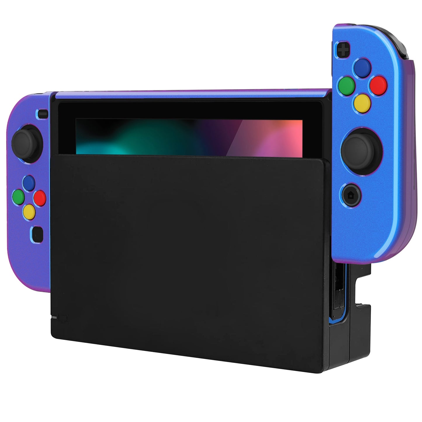 PlayVital AlterGrips Glossy Dockable Protective Case Ergonomic Grip Cover for Nintendo Switch, Interchangeable Joycon Cover w/Screen Protector & Thumb Grip Caps & Button Caps - Chameleon Purple Blue - TNSYP3001 playvital