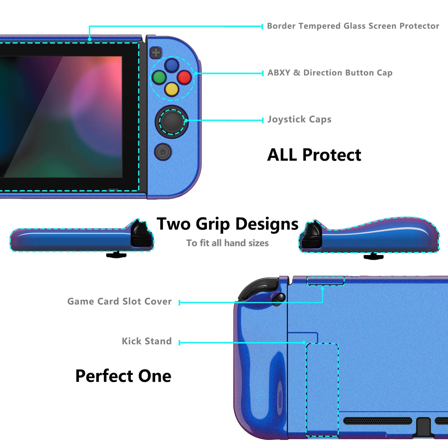 PlayVital AlterGrips Glossy Dockable Protective Case Ergonomic Grip Cover for Nintendo Switch, Interchangeable Joycon Cover w/Screen Protector & Thumb Grip Caps & Button Caps - Chameleon Purple Blue - TNSYP3001 playvital