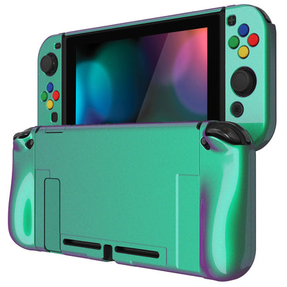 PlayVital AlterGrips Glossy Dockable Protective Case Ergonomic Grip Cover for Nintendo Switch, Interchangeable Joycon Cover w/Screen Protector & Thumb Grip Caps & Button Caps - Chameleon Green Purple - TNSYP3002 playvital