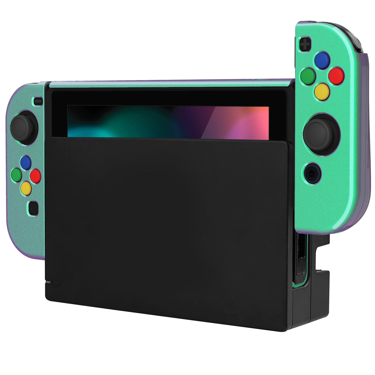 PlayVital AlterGrips Glossy Dockable Protective Case Ergonomic Grip Cover for Nintendo Switch, Interchangeable Joycon Cover w/Screen Protector & Thumb Grip Caps & Button Caps - Chameleon Green Purple - TNSYP3002 playvital