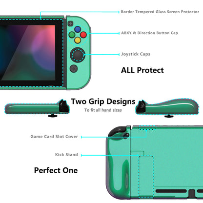 PlayVital AlterGrips Glossy Dockable Protective Case Ergonomic Grip Cover for Nintendo Switch, Interchangeable Joycon Cover w/Screen Protector & Thumb Grip Caps & Button Caps - Chameleon Green Purple - TNSYP3002 playvital