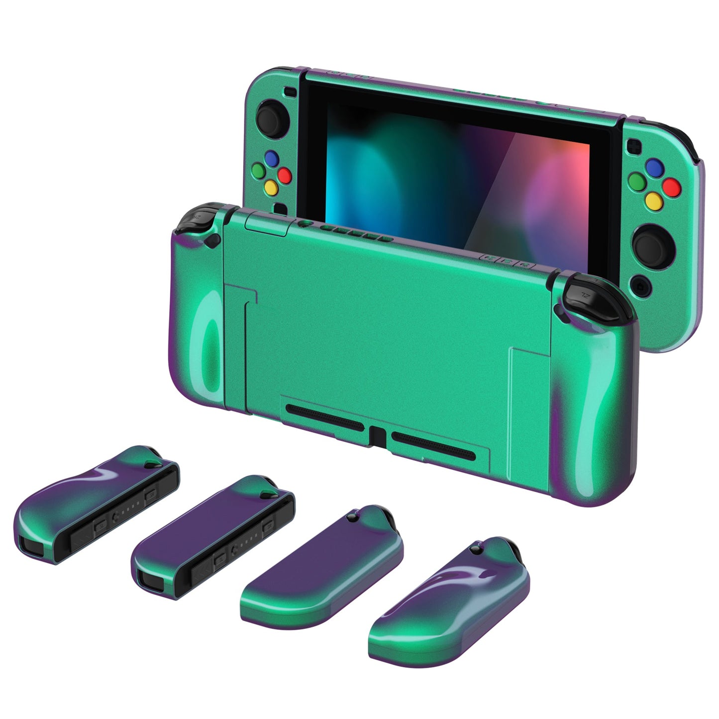 PlayVital AlterGrips Glossy Dockable Protective Case Ergonomic Grip Cover for Nintendo Switch, Interchangeable Joycon Cover w/Screen Protector & Thumb Grip Caps & Button Caps - Chameleon Green Purple - TNSYP3002 playvital