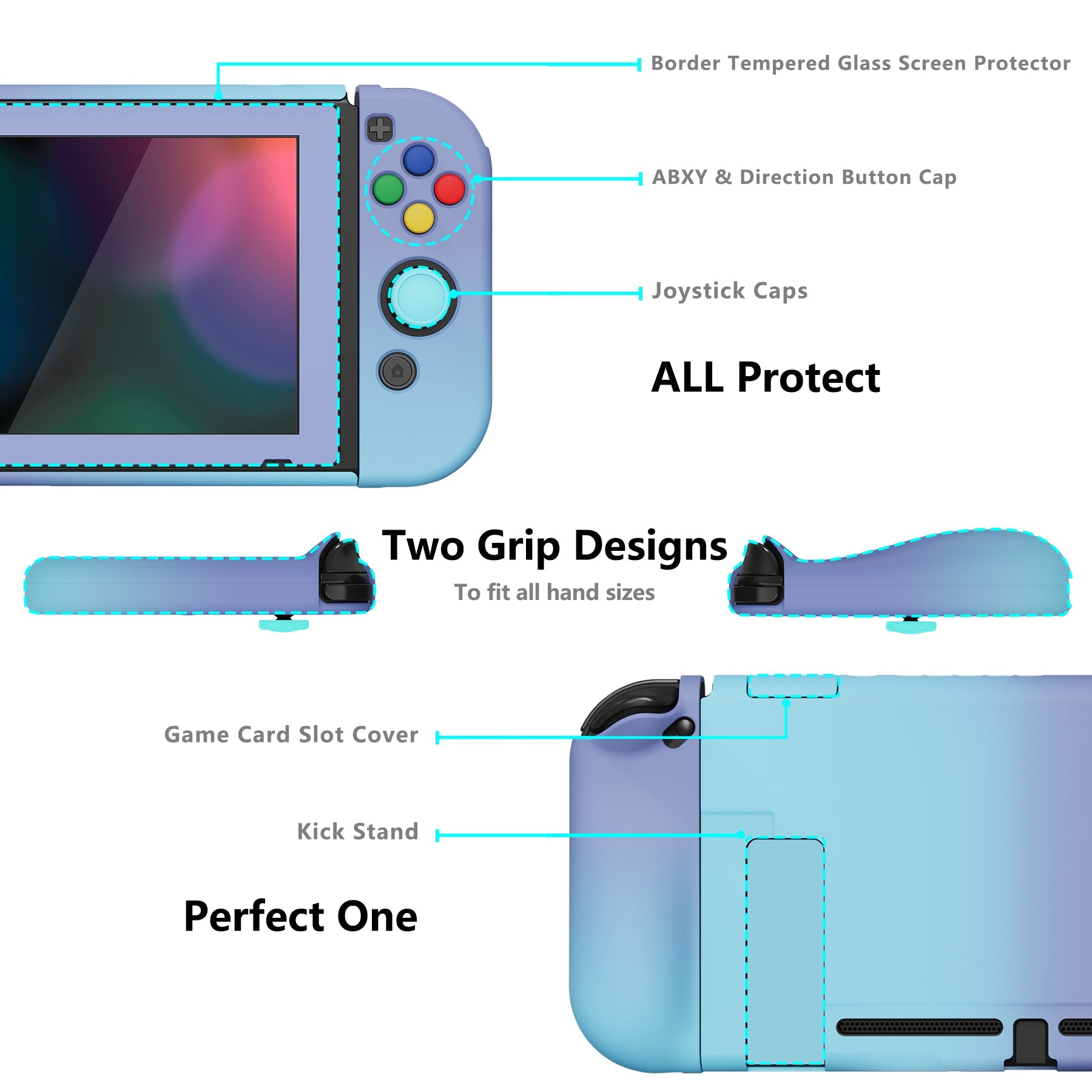 PlayVital AlterGrips Dockable Protective Case Ergonomic Grip Cover for Nintendo Switch, Interchangeable Joycon Cover w/Screen Protector & Thumb Grip Caps & Button Caps - Gradient Violet Blue - TNSYP3003 playvital