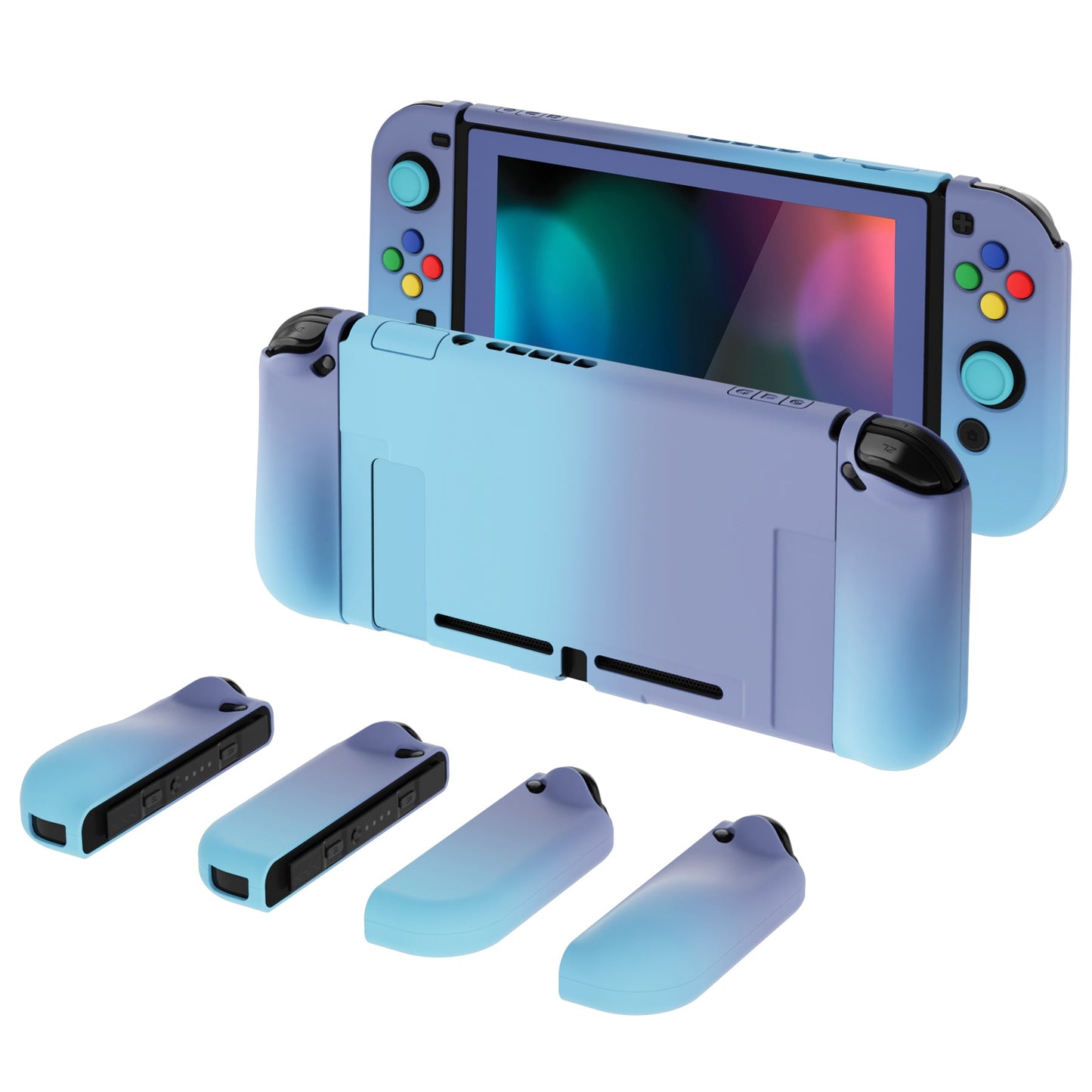 PlayVital AlterGrips Dockable Protective Case Ergonomic Grip Cover for Nintendo Switch, Interchangeable Joycon Cover w/Screen Protector & Thumb Grip Caps & Button Caps - Gradient Violet Blue - TNSYP3003 playvital