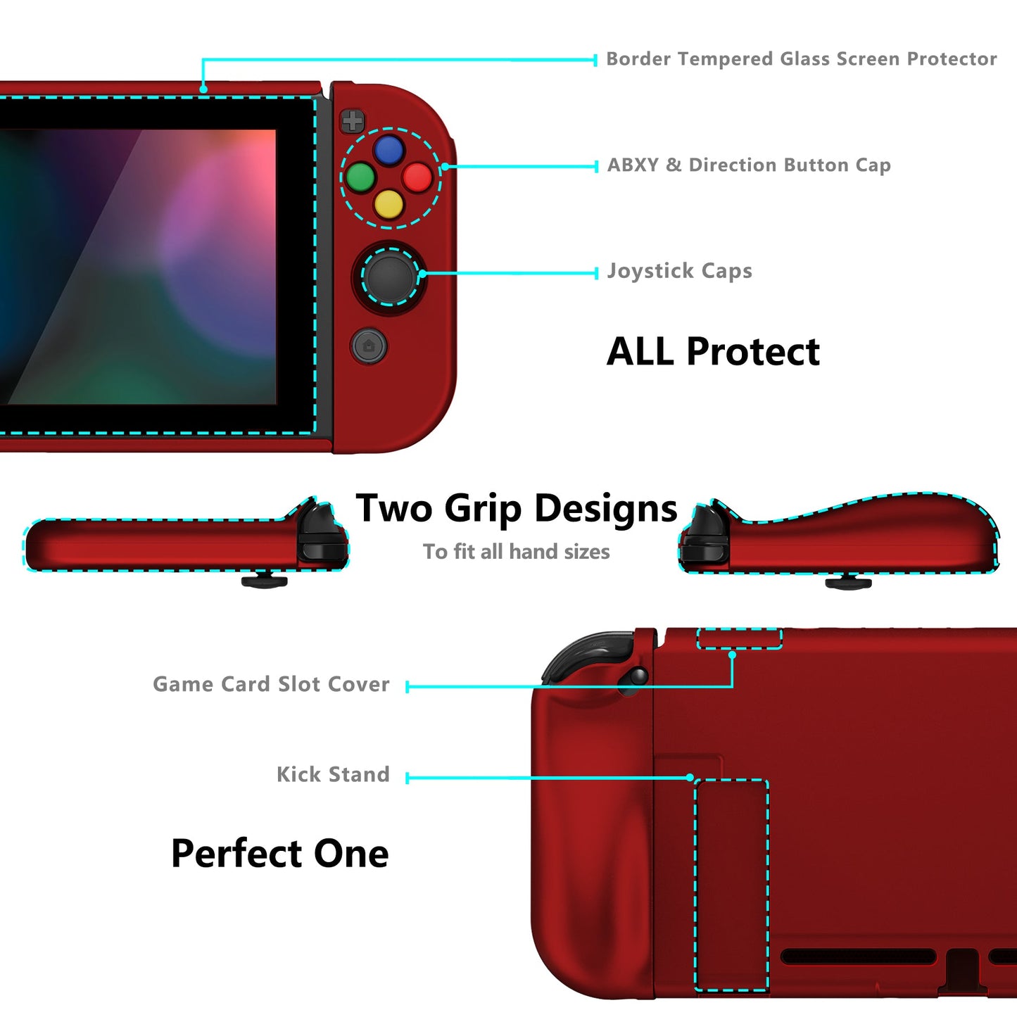 PlayVital AlterGrips Dockable Protective Case Ergonomic Grip Cover for Nintendo Switch, Interchangeable Joycon Cover w/Screen Protector & Thumb Grip Caps & Button Caps - Scarlet Red - TNSYP3004 playvital