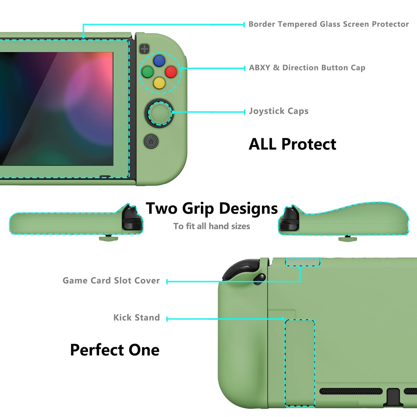 PlayVital AlterGrips Dockable Protective Case Ergonomic Grip Cover for Nintendo Switch, Interchangeable Joycon Cover w/Screen Protector & Thumb Grip Caps & Button Caps - Matcha Green - TNSYP3005 playvital