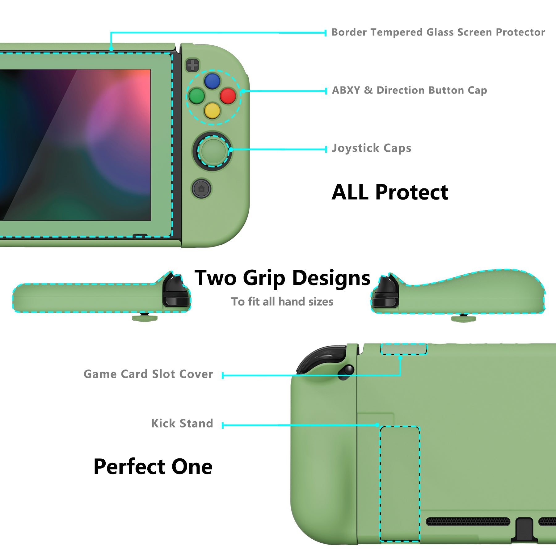 PlayVital AlterGrips Dockable Protective Case Ergonomic Grip Cover for Nintendo Switch, Interchangeable Joycon Cover w/Screen Protector & Thumb Grip Caps & Button Caps - Matcha Green - TNSYP3005 playvital