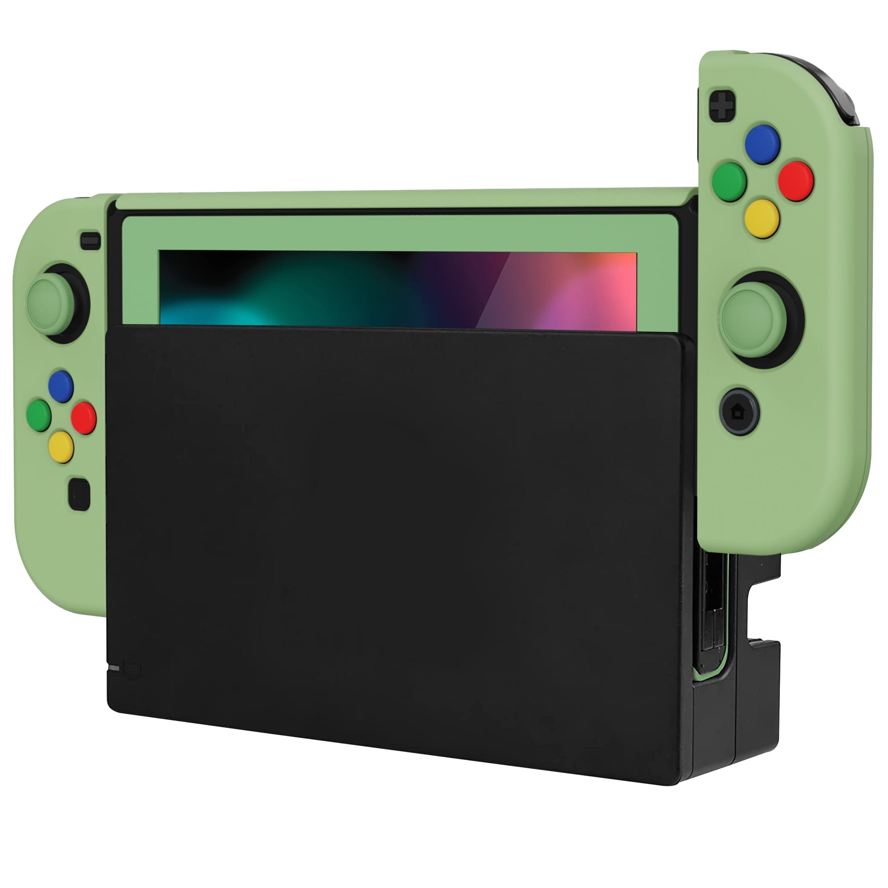 PlayVital AlterGrips Dockable Protective Case Ergonomic Grip Cover for Nintendo Switch, Interchangeable Joycon Cover w/Screen Protector & Thumb Grip Caps & Button Caps - Matcha Green - TNSYP3005 playvital