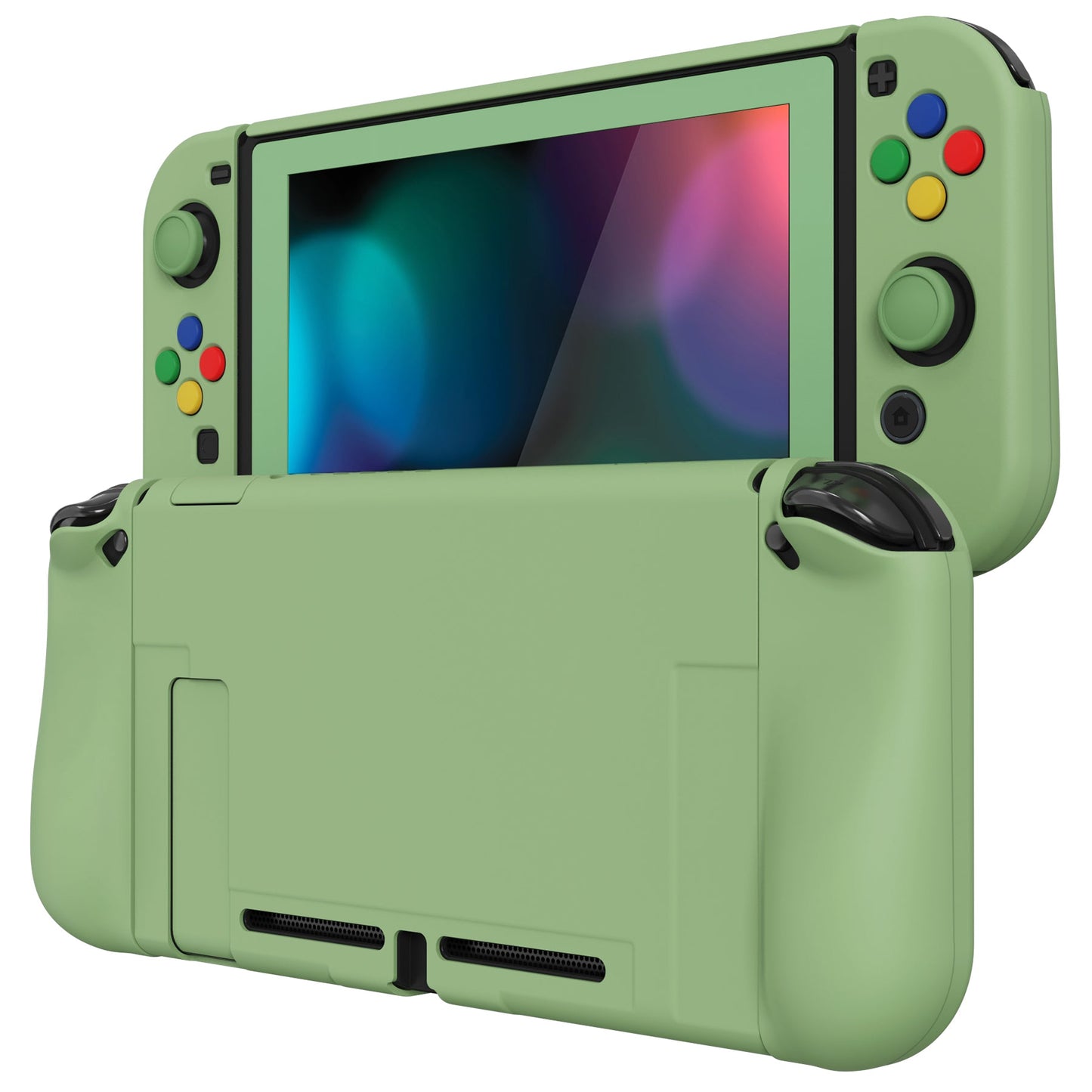 PlayVital AlterGrips Dockable Protective Case Ergonomic Grip Cover for Nintendo Switch, Interchangeable Joycon Cover w/Screen Protector & Thumb Grip Caps & Button Caps - Matcha Green - TNSYP3005 playvital