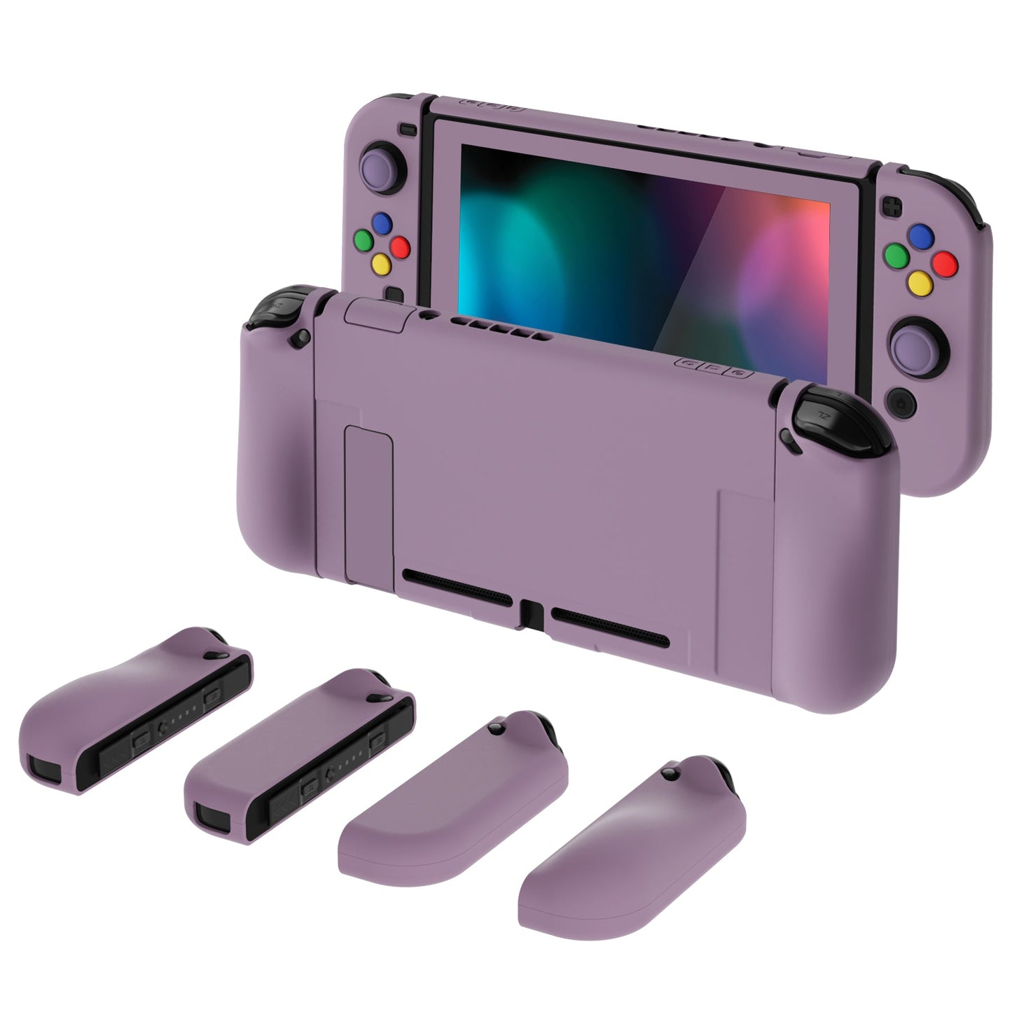 PlayVital AlterGrips Dockable Protective Case Ergonomic Grip Cover for Nintendo Switch, Interchangeable Joycon Cover w/Screen Protector & Thumb Grip Caps & Button Caps - Dark Grayish Violet - TNSYP3006 playvital