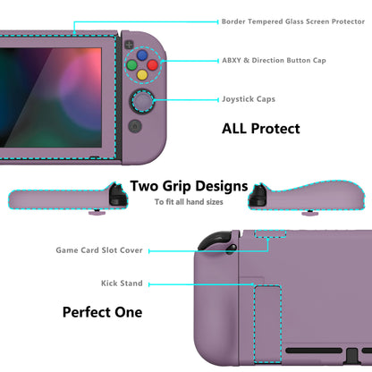 PlayVital AlterGrips Dockable Protective Case Ergonomic Grip Cover for Nintendo Switch, Interchangeable Joycon Cover w/Screen Protector & Thumb Grip Caps & Button Caps - Dark Grayish Violet - TNSYP3006 playvital