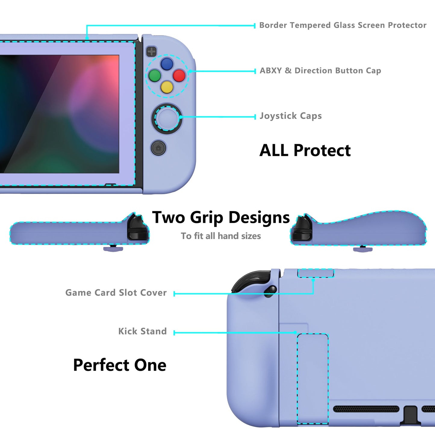 PlayVital AlterGrips Dockable Protective Case Ergonomic Grip Cover for Nintendo Switch, Interchangeable Joycon Cover w/Screen Protector & Thumb Grip Caps & Button Caps - Light Violet - TNSYP3008 playvital