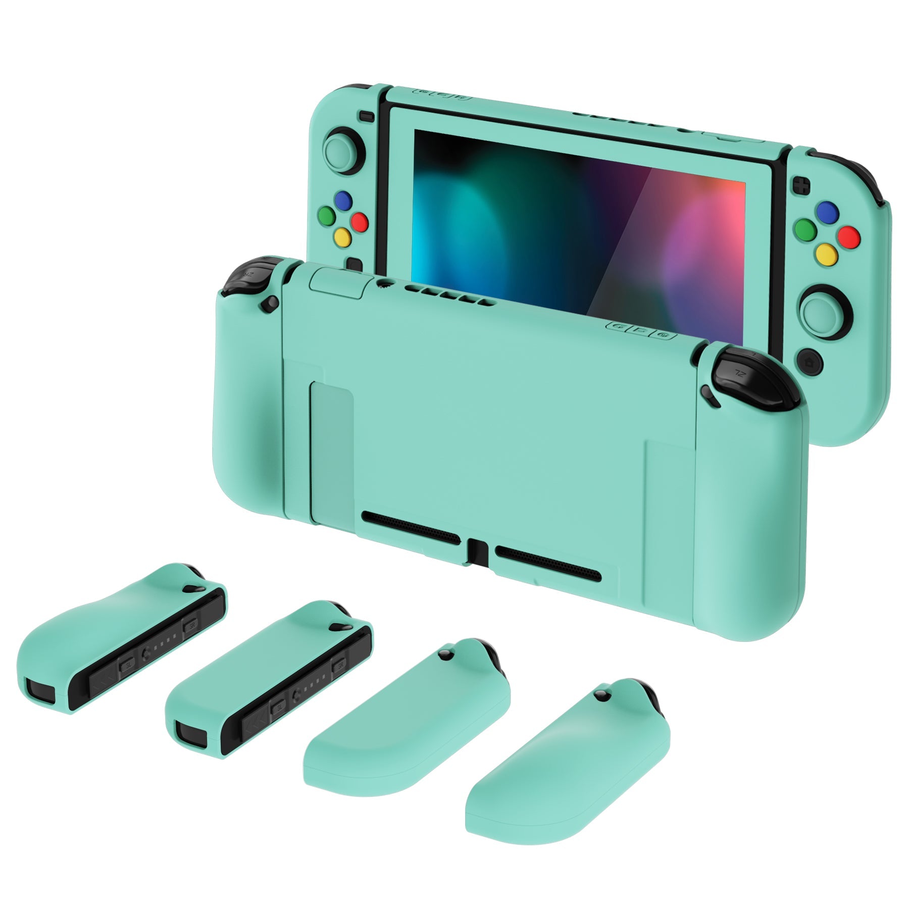 PlayVital AlterGrips Dockable Protective Case Ergonomic Grip Cover for Nintendo Switch, Interchangeable Joycon Cover w/Screen Protector & Thumb Grip Caps & Button Caps - Misty Green - TNSYP3009 playvital