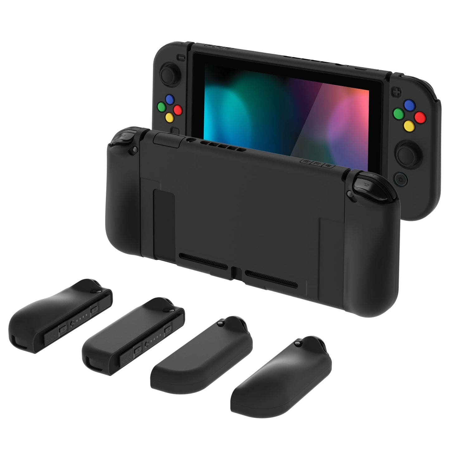 PlayVital AlterGrips Dockable Protective Case Ergonomic Grip Cover for Nintendo Switch, Interchangeable Joycon Cover w/Screen Protector & Thumb Grip Caps & Button Caps - Black - TNSYP3011 playvital