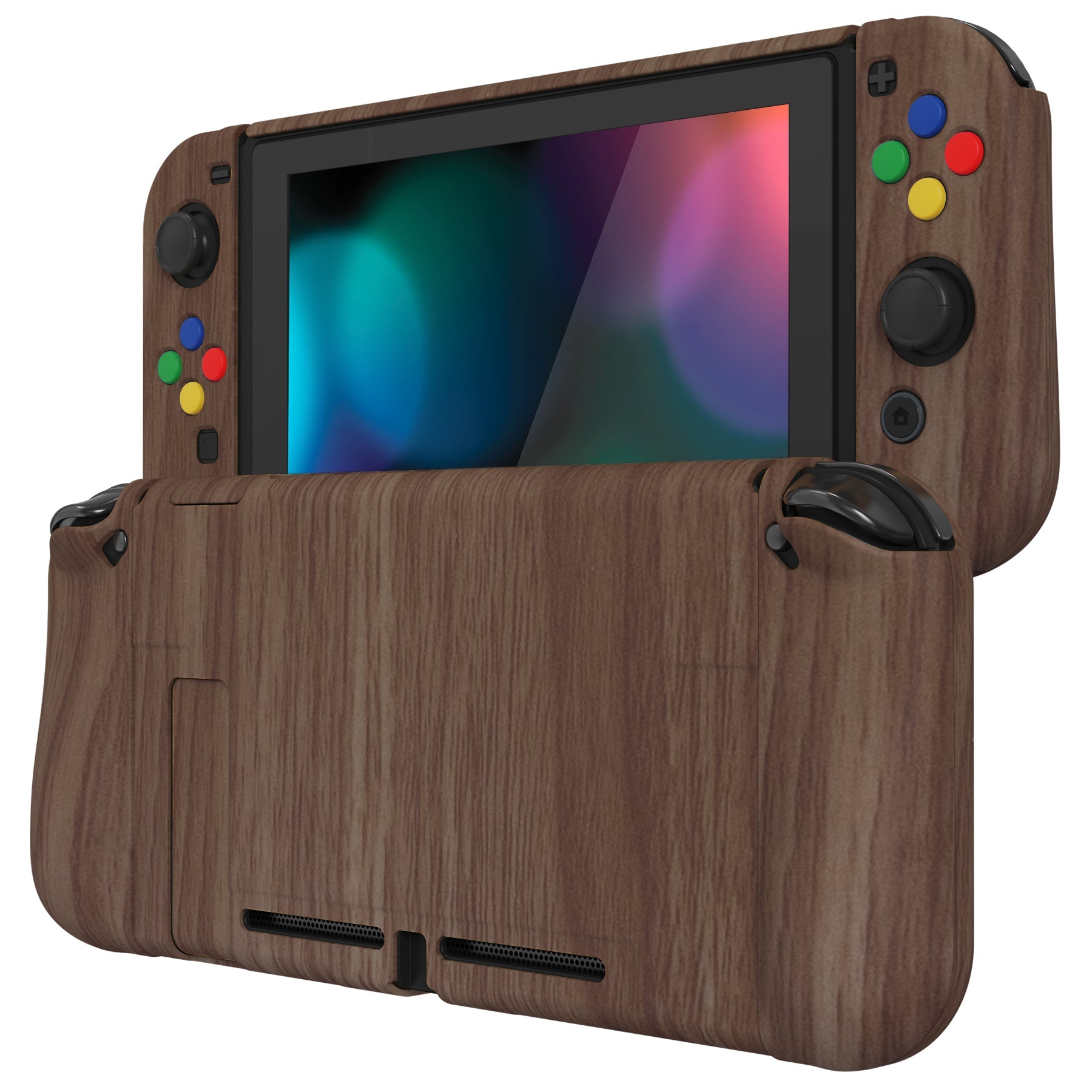 PlayVital AlterGrips Dockable Protective Case Ergonomic Grip Cover for Nintendo Switch, Interchangeable Joycon Cover w/Screen Protector & Thumb Grip Caps & Button Caps - Wood Grain - TNSYS2001 playvital