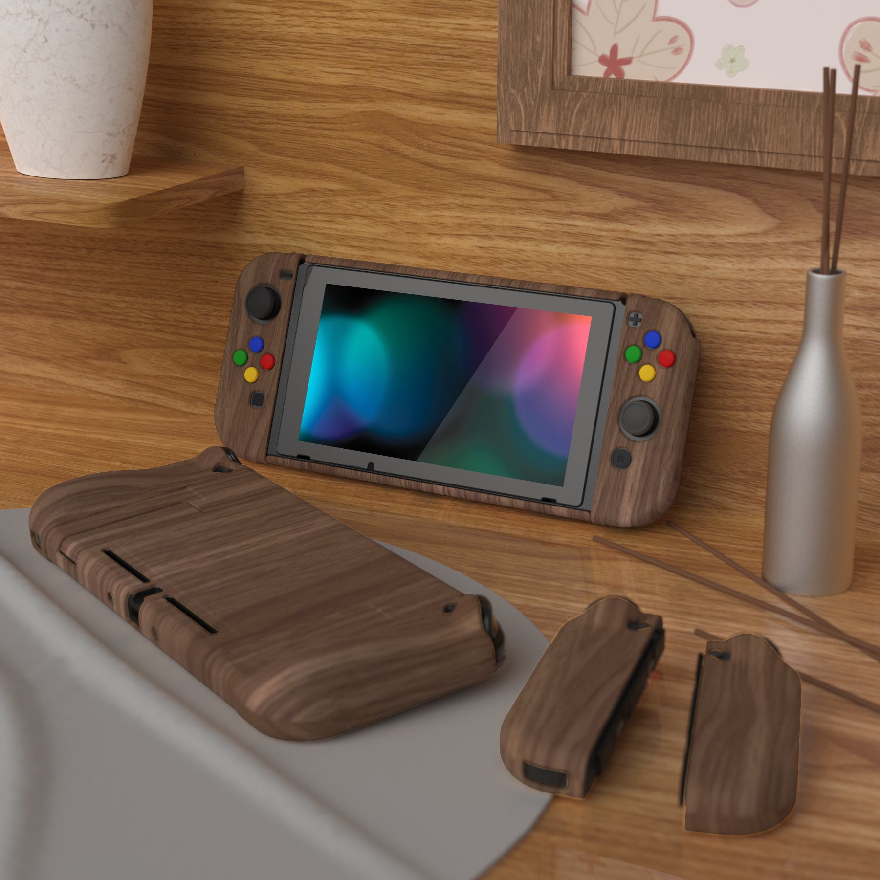 PlayVital AlterGrips Dockable Protective Case Ergonomic Grip Cover for Nintendo Switch, Interchangeable Joycon Cover w/Screen Protector & Thumb Grip Caps & Button Caps - Wood Grain - TNSYS2001 playvital