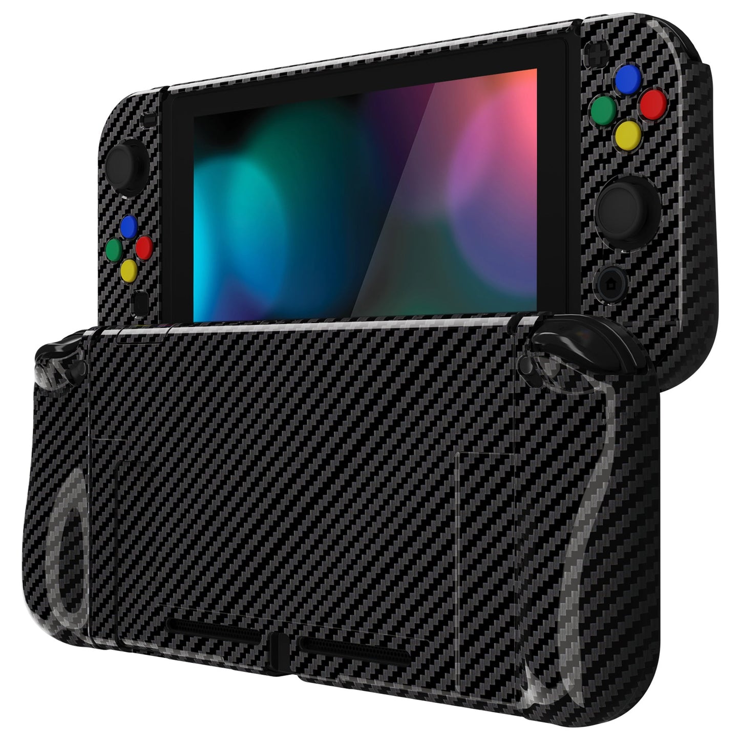 PlayVital AlterGrips Dockable Protective Case Ergonomic Grip Cover for Nintendo Switch, Interchangeable Joycon Cover w/Screen Protector & Thumb Grip Caps & Button Caps - Graphite Carbon Fiber - TNSYS2002 playvital