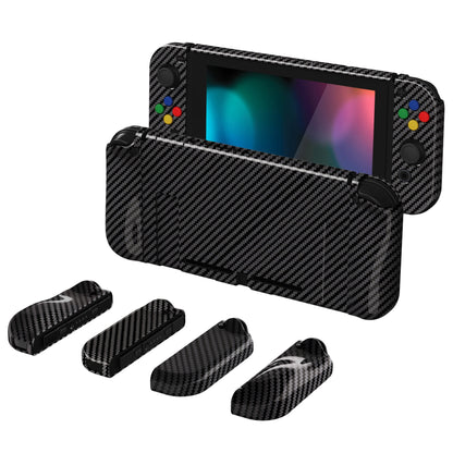 PlayVital AlterGrips Dockable Protective Case Ergonomic Grip Cover for Nintendo Switch, Interchangeable Joycon Cover w/Screen Protector & Thumb Grip Caps & Button Caps - Graphite Carbon Fiber - TNSYS2002 playvital