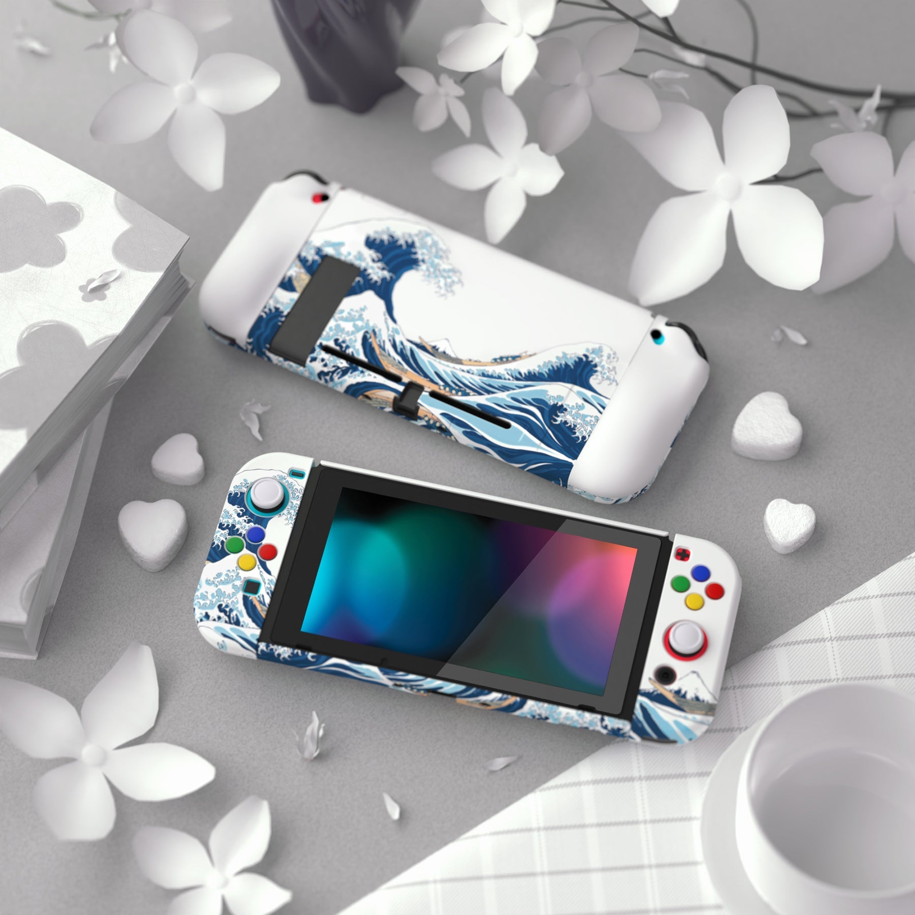 PlayVital AlterGrips Dockable Protective Case Ergonomic Grip Cover for Nintendo Switch, Interchangeable Joycon Cover w/Screen Protector & Thumb Grip Caps & Button Caps - The Great Wave off Kanagawa - TNSYT001 playvital