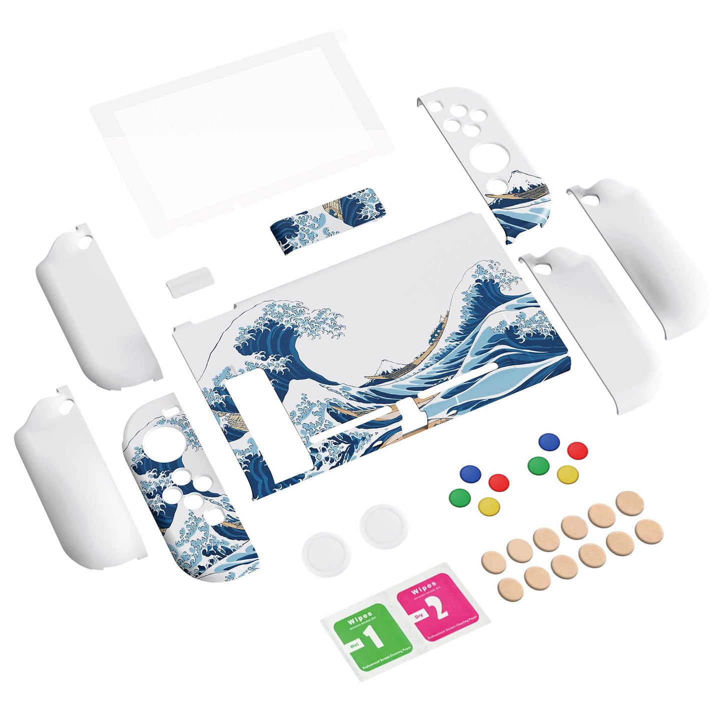 PlayVital AlterGrips Dockable Protective Case Ergonomic Grip Cover for Nintendo Switch, Interchangeable Joycon Cover w/Screen Protector & Thumb Grip Caps & Button Caps - The Great Wave off Kanagawa - TNSYT001 playvital