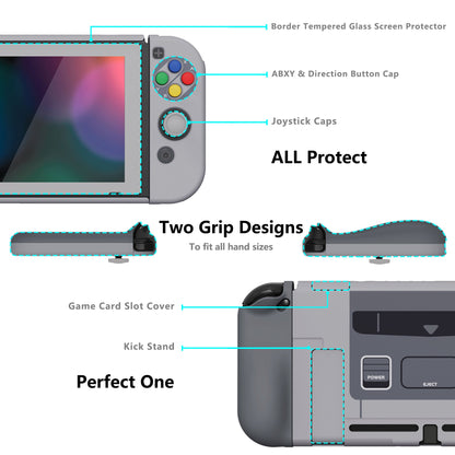 PlayVital AlterGrips Dockable Protective Case Ergonomic Grip Cover for Nintendo Switch, Interchangeable Joycon Cover w/Screen Protector & Thumb Grip Caps & Button Caps - SFC SNES Classic EU Style - TNSYY7001 playvital