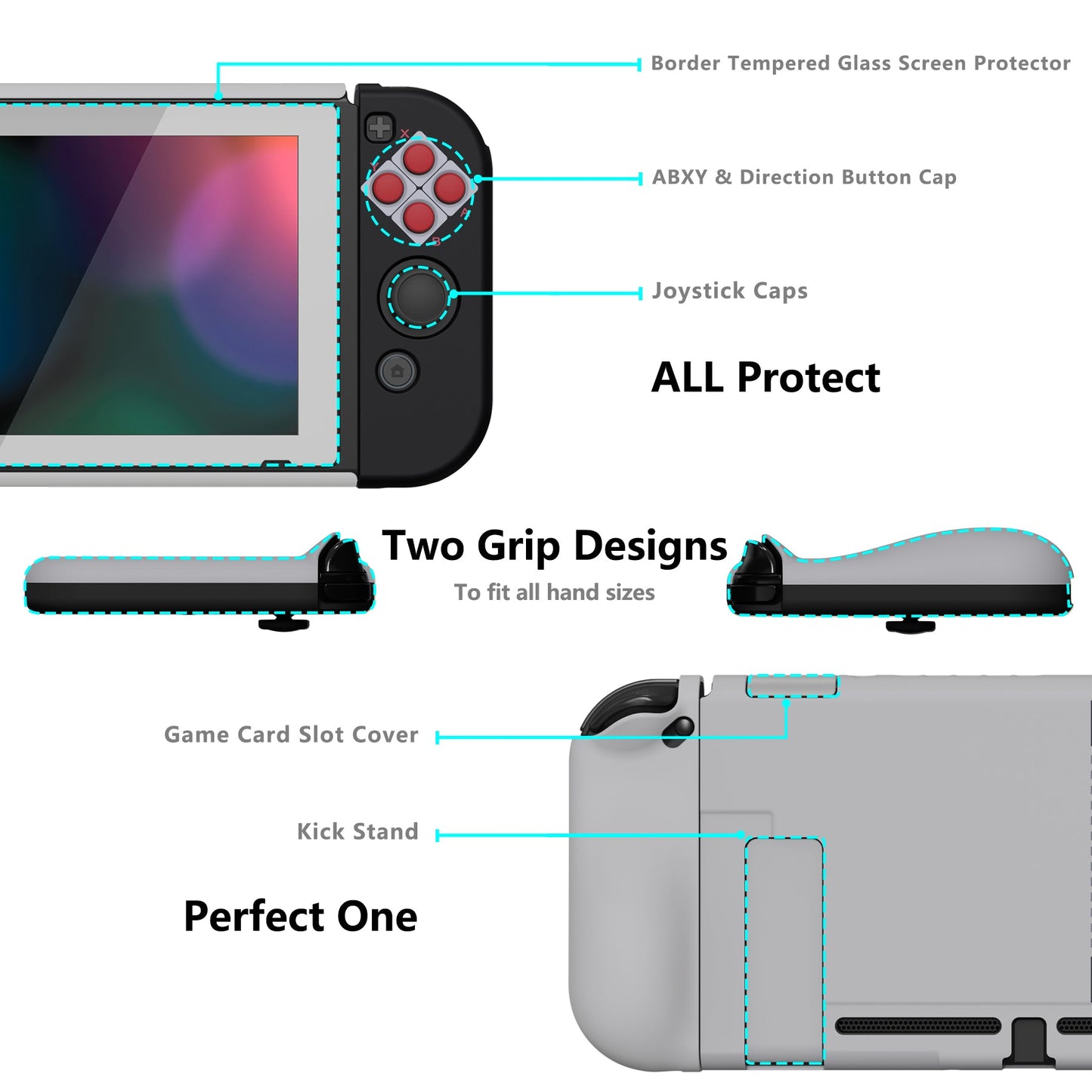 PlayVital AlterGrips Dockable Protective Case Ergonomic Grip Cover for Nintendo Switch, Interchangeable Joycon Cover w/Screen Protector & Thumb Grip Caps & Button Caps - Classics NES Style - TNSYY7002 playvital