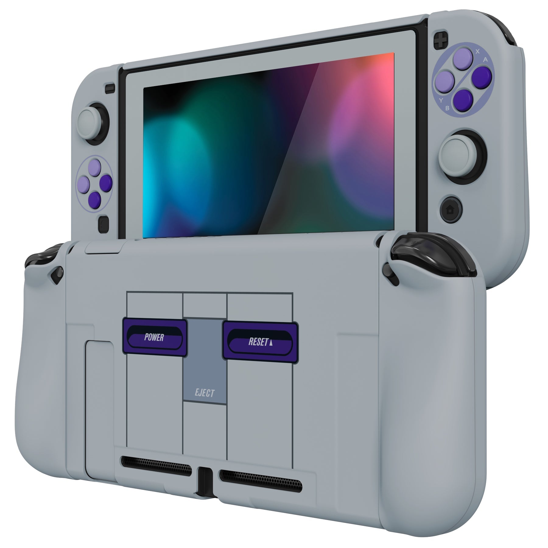 PlayVital AlterGrips Dockable Protective Case Ergonomic Grip Cover for Nintendo Switch, Interchangeable Joycon Cover w/Screen Protector & Thumb Grip Caps & Button Caps - Classics SNES Style - TNSYY7003 playvital