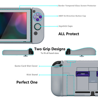 PlayVital AlterGrips Dockable Protective Case Ergonomic Grip Cover for Nintendo Switch, Interchangeable Joycon Cover w/Screen Protector & Thumb Grip Caps & Button Caps - Classics SNES Style - TNSYY7003 playvital