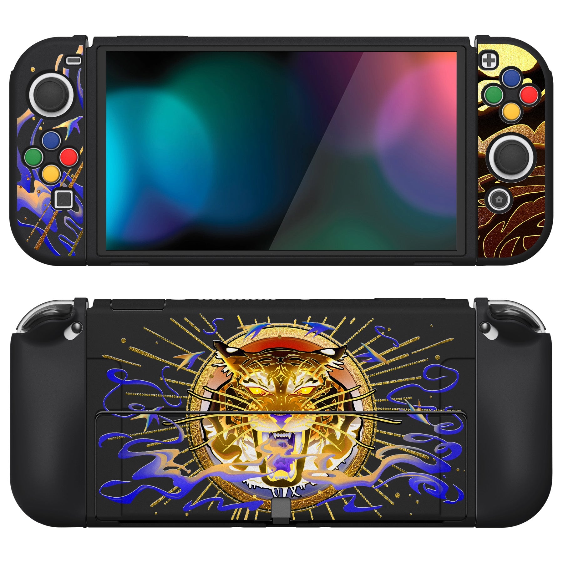 PlayVital ZealProtect Soft Protective Case for Switch OLED, Flexible Protector Joycon Grip Cover for Switch OLED with Thumb Grip Caps & ABXY Direction Button Caps - Tiger Tarot - XSOYV6033 playvital