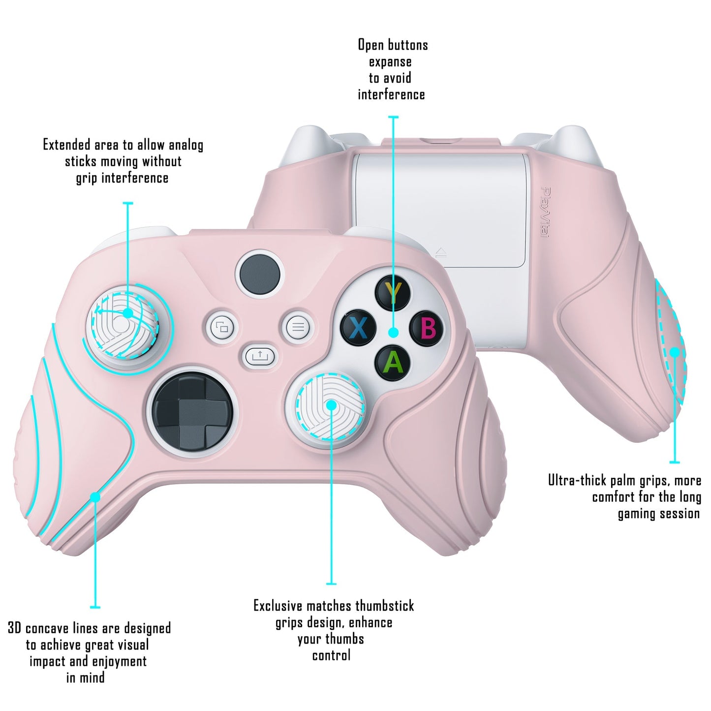 PlayVital Samurai Edition Pink Anti-slip Controller Grip Silicone Skin, Ergonomic Soft Rubber Protective Case Cover for Xbox Series S/X Controller with White Thumb Stick Caps - WAX3005 PlayVital