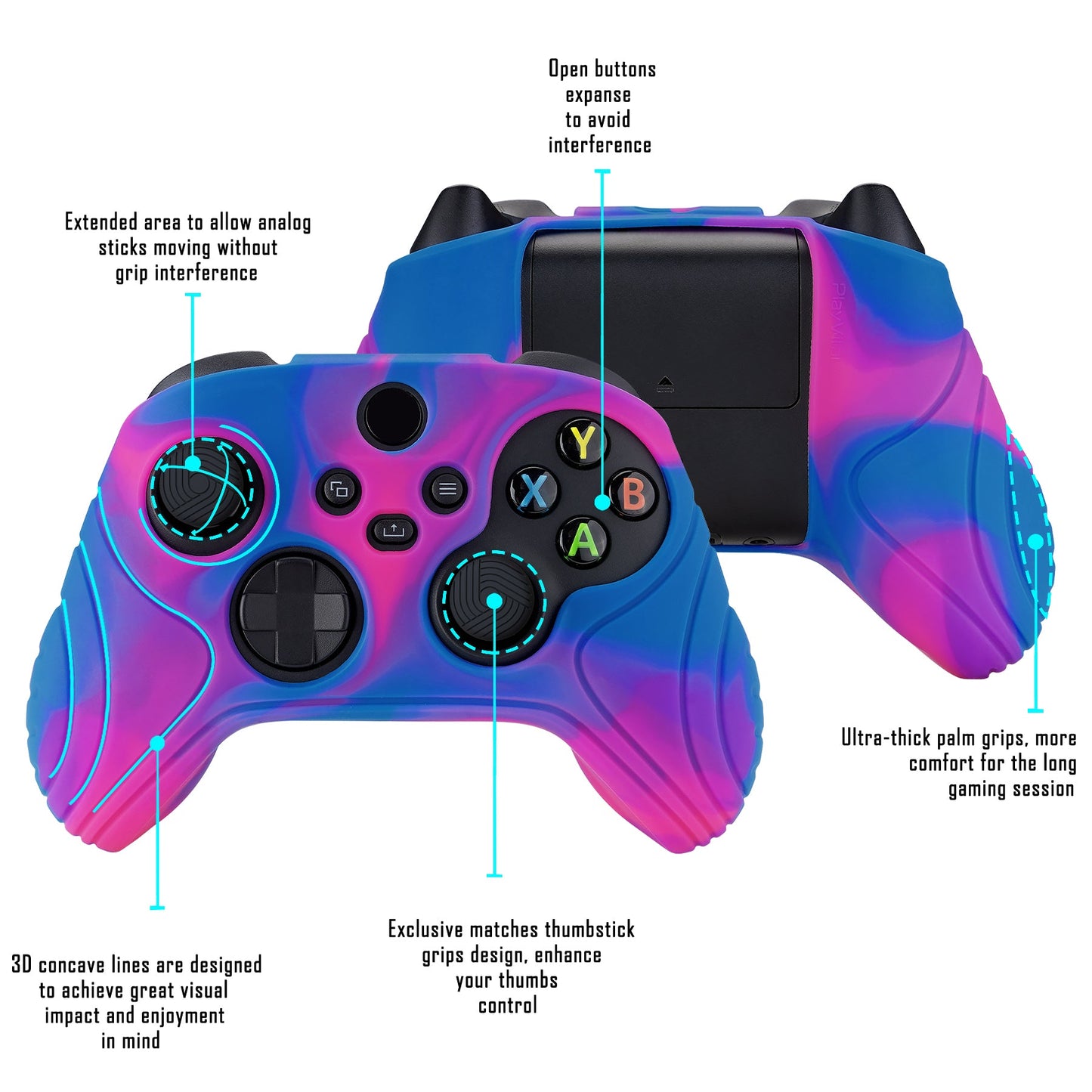 PlayVital Samurai Edition Pink & Purple & Blue Anti-slip Controller Grip Silicone Skin, Ergonomic Soft Rubber Protective Case Cover for Xbox Series S/X Controller with Black Thumb Stick Caps - WAX3015 PlayVital