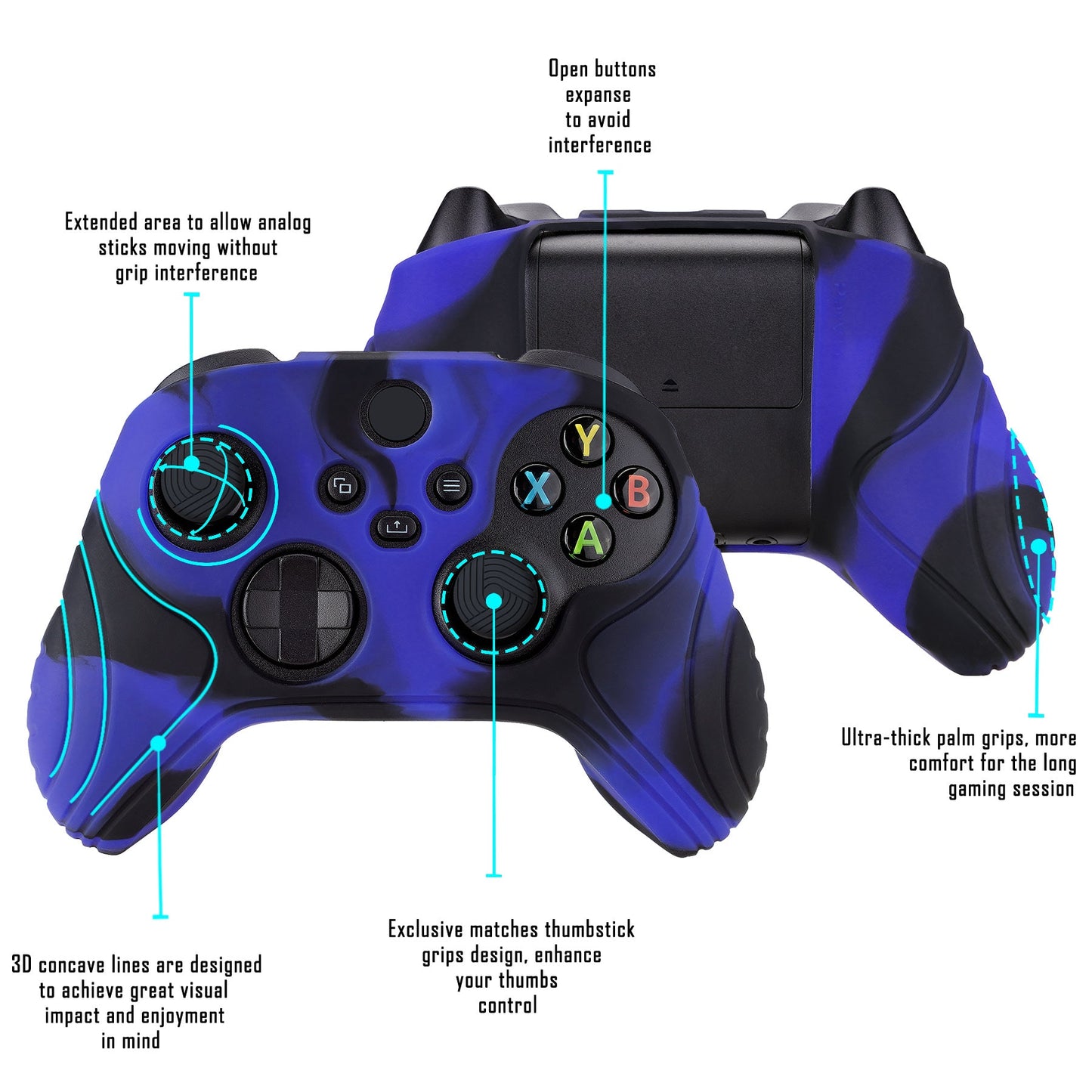 PlayVital Samurai Edition Anti-slip Controller Grip Silicone Skin, Ergonomic Soft Rubber Protective Case Cover for Xbox Series S/X Controller with Black Thumb Stick Caps - Blue & Black -  WAX3017 PlayVital