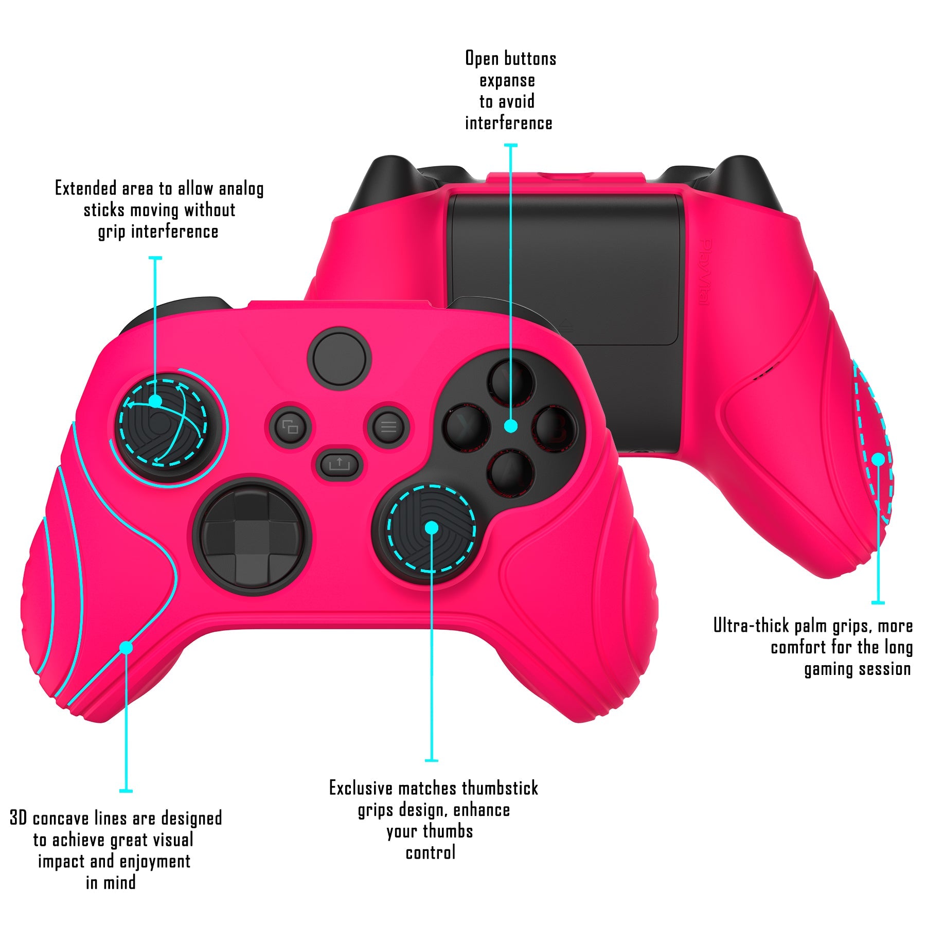 PlayVital Samurai Edition Bright Pink Anti-slip Controller Grip Silicone Skin, Ergonomic Soft Rubber Protective Case Cover for Xbox Series S/X Controller with Black Thumb Stick Caps - WAX3019 PlayVital