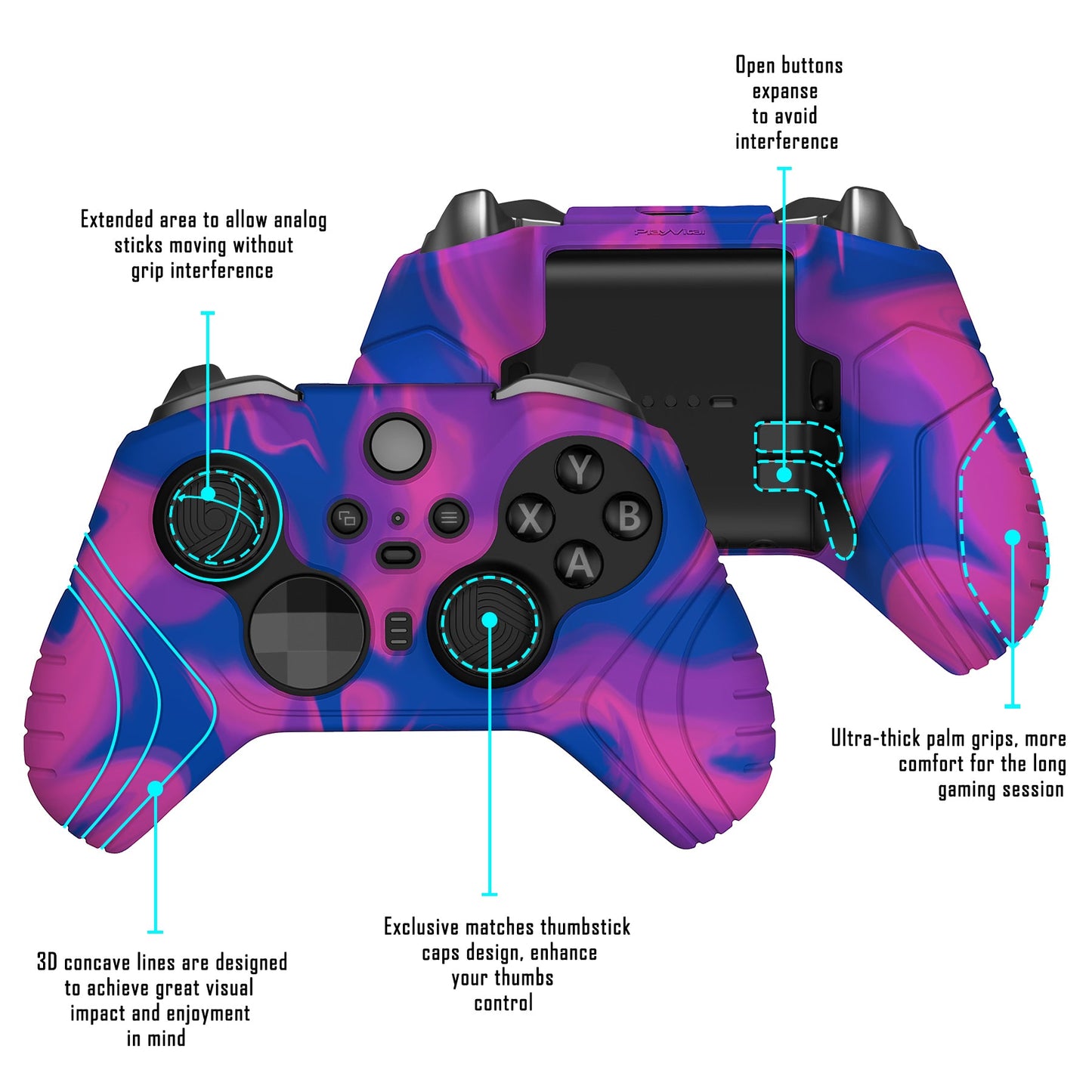 PlayVital Samurai Edition Anti Slip Silicone Case Cover for Xbox Elite Wireless Controller Series 2, Ergonomic Soft Rubber Skin Protector for Xbox Elite Series 2 with Thumb Grip Caps - Pink & Purple & Blue - XBE2M006 playvital