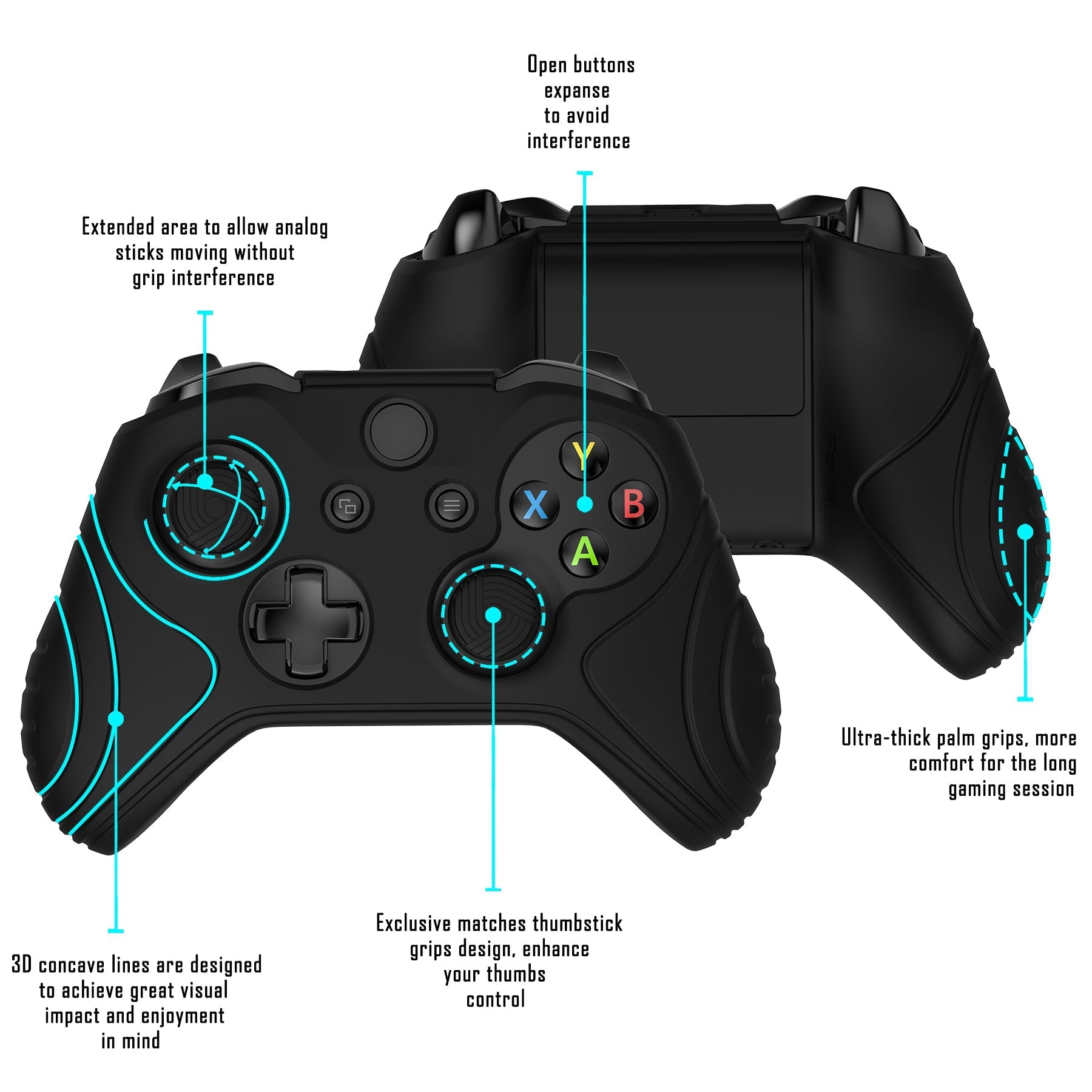 PlayVital Samurai Edition Black Anti-Slip Controller Grip Silicone Skin for Xbox One X/S Controller, Ergonomic Soft Rubber Protective Case Cover for Xbox One S/X Controller with Black Thumb Stick Caps - XOQ034 playvital