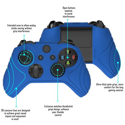 PlayVital Samurai Edition Blue Anti-Slip Controller Grip Silicone Skin for Xbox One X/S Controller, Ergonomic Soft Rubber Protective Case Cover for Xbox One S/X Controller with Black Thumb Stick Caps - XOQ039 playvital