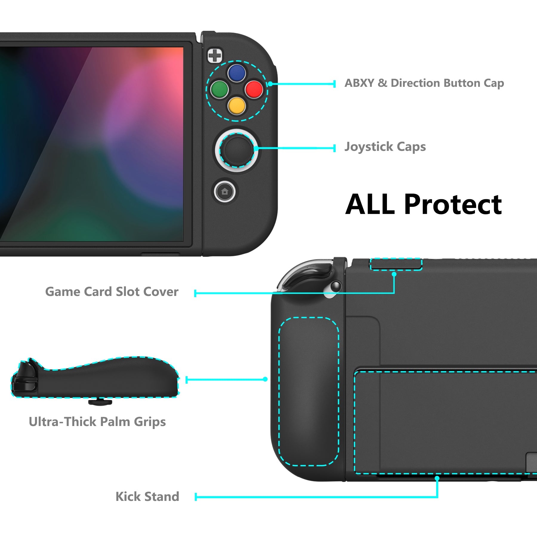 PlayVital ZealProtect Soft Protective Case for Switch OLED, Flexible Protector Joycon Grip Cover for Switch OLED with Thumb Grip Caps & ABXY Direction Button Caps - Black -XSOYM5001 playvital