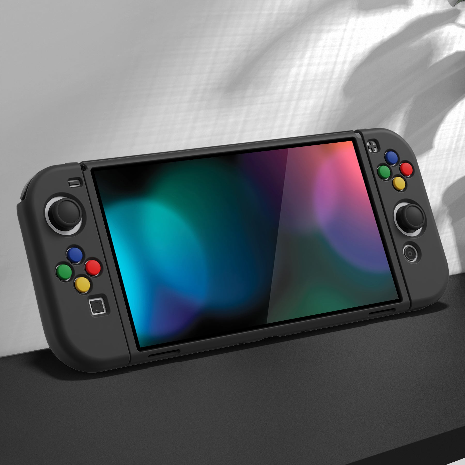 PlayVital ZealProtect Soft Protective Case for Switch OLED, Flexible Protector Joycon Grip Cover for Switch OLED with Thumb Grip Caps & ABXY Direction Button Caps - Black -XSOYM5001 playvital