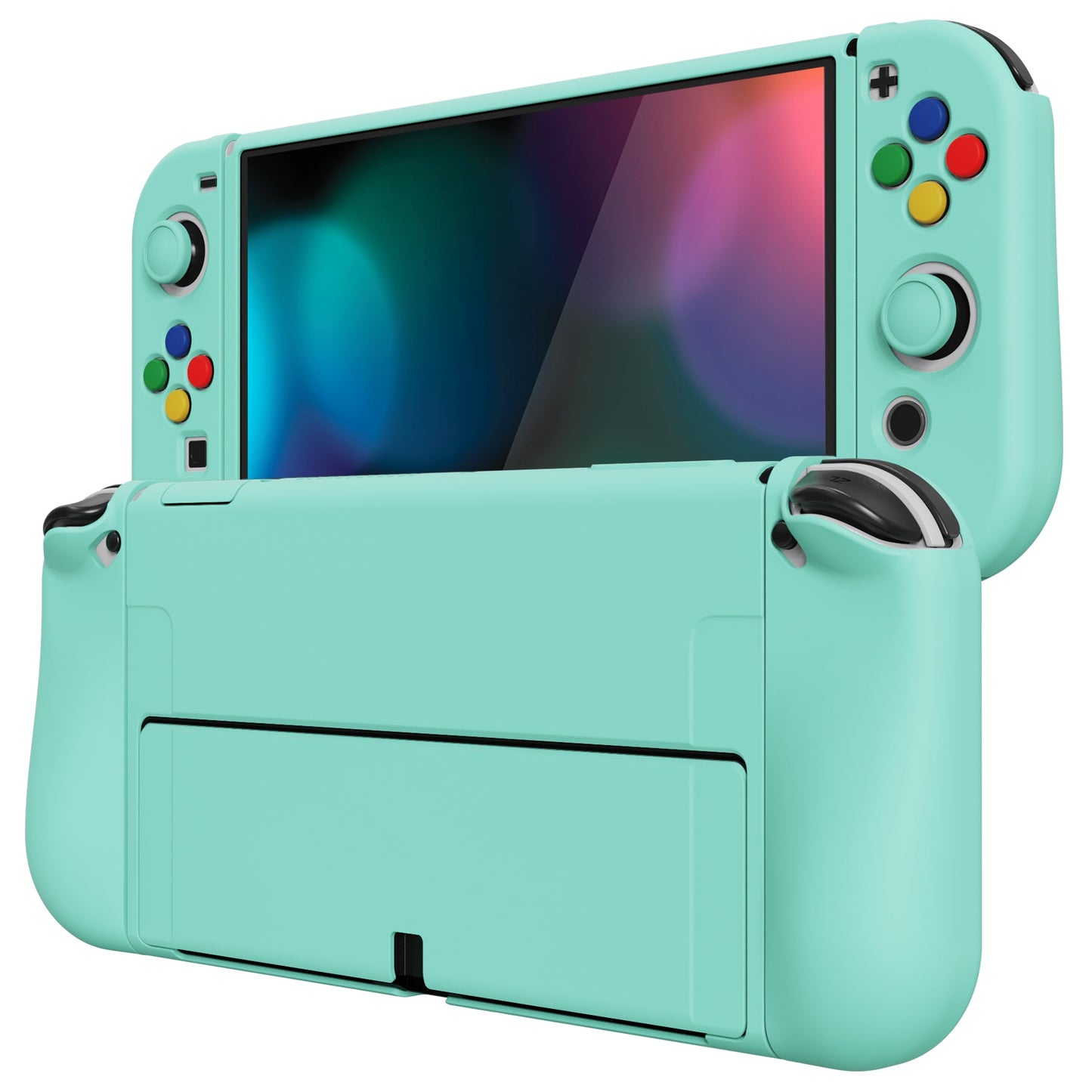 PlayVital ZealProtect Soft Protective Case for Switch OLED, Flexible Protector Joycon Grip Cover for Switch OLED with Thumb Grip Caps & ABXY Direction Button Caps - Misty Green - XSOYM5004 playvital