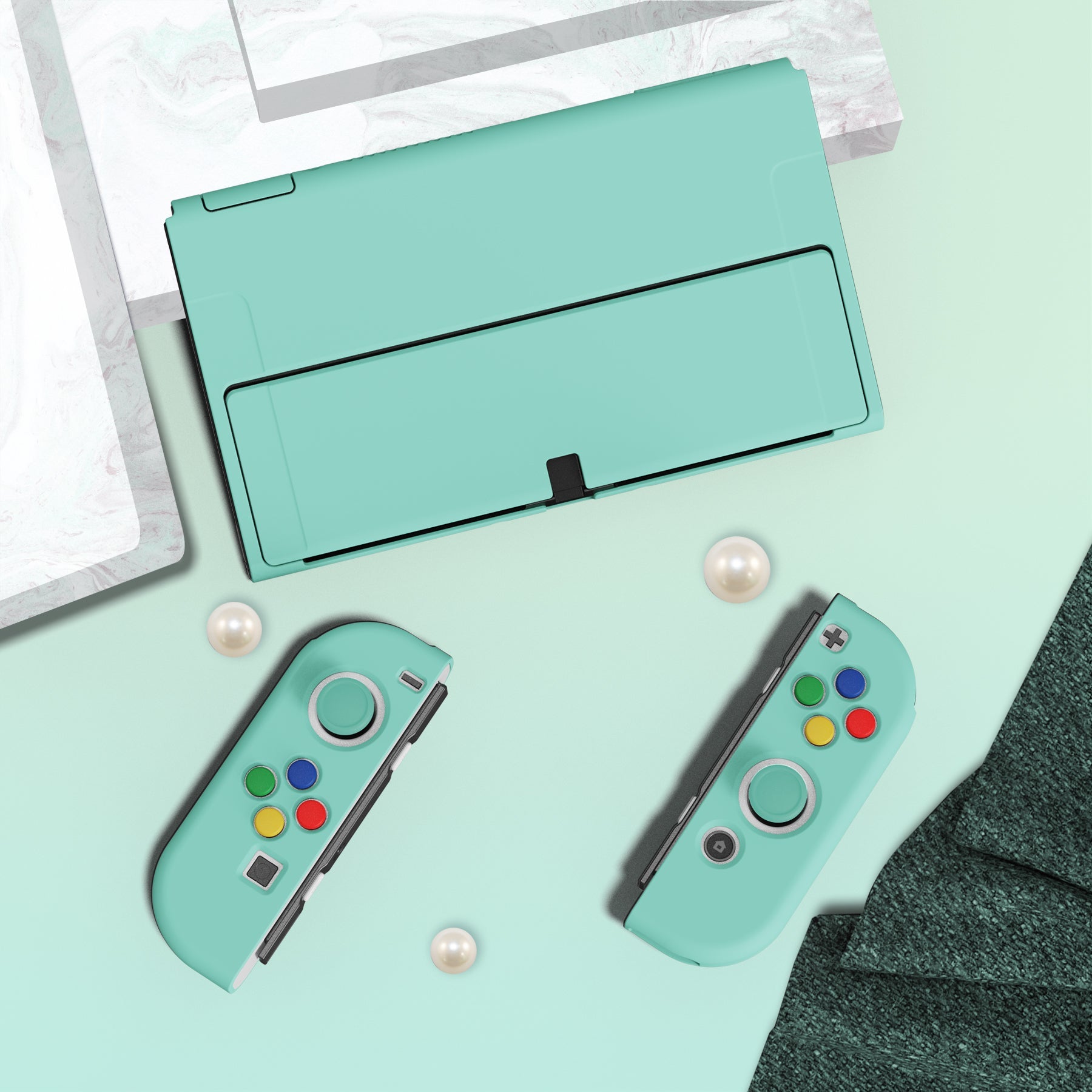 PlayVital ZealProtect Soft Protective Case for Switch OLED, Flexible Protector Joycon Grip Cover for Switch OLED with Thumb Grip Caps & ABXY Direction Button Caps - Misty Green - XSOYM5004 playvital