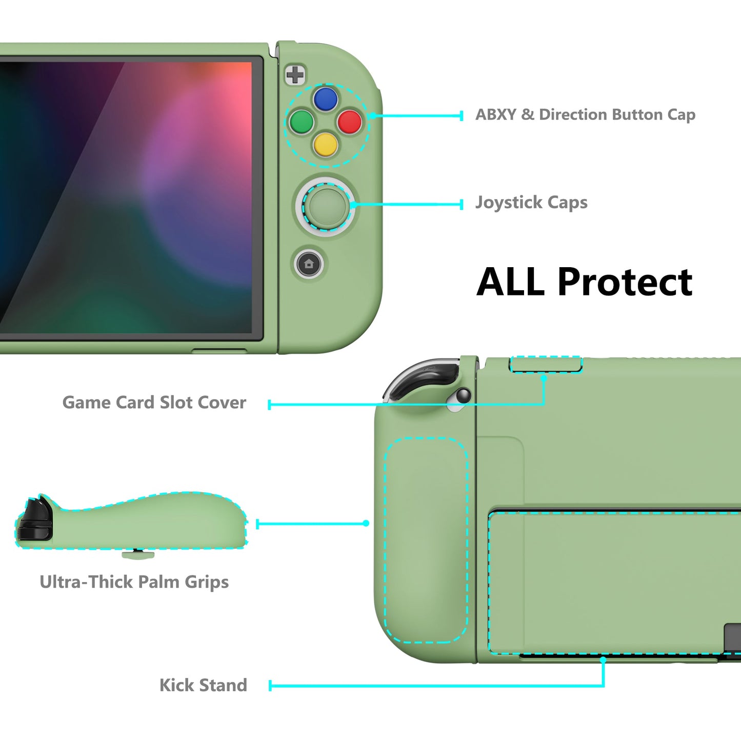 PlayVital ZealProtect Soft Protective Case for Switch OLED, Flexible Protector Joycon Grip Cover for Switch OLED with Thumb Grip Caps & ABXY Direction Button Caps - Matcha Green - XSOYM5006 playvital